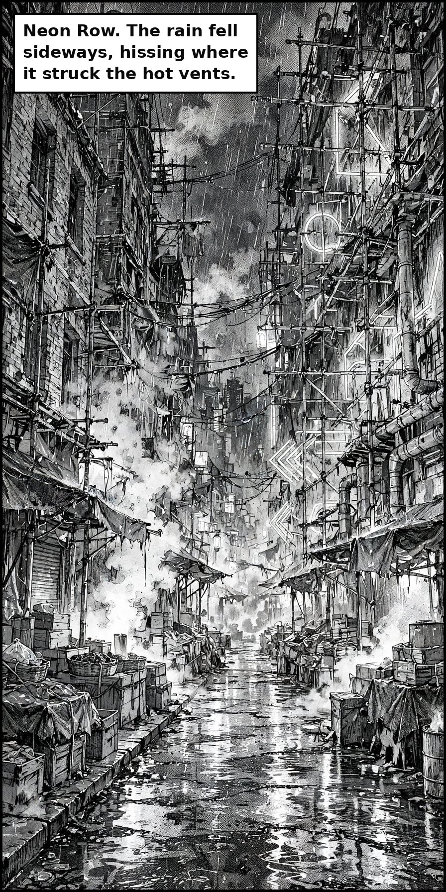Manga panel 1 of Chapter 1: Neon Row. The rain fell sideways, hissing where it struck the hot vents.