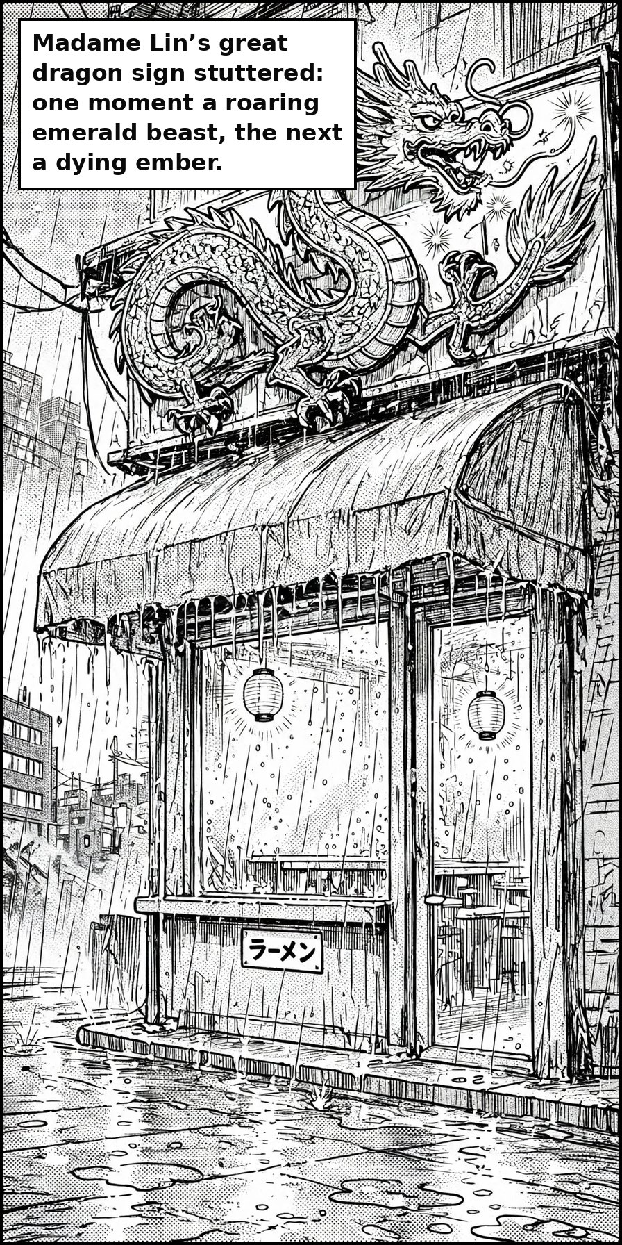 Manga panel 2 of Chapter 1: Madame Lin’s great dragon sign stuttered: one moment a roaring emerald beast, the next a dying ember.