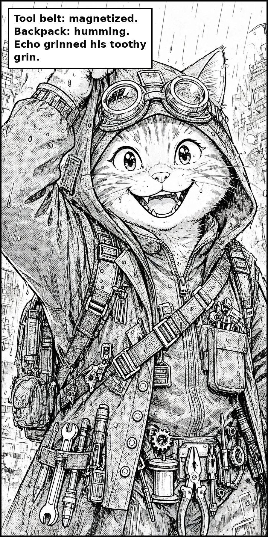 Manga panel 4 of Chapter 1: Tool belt: magnetized. Backpack: humming. Echo grinned his toothy grin.