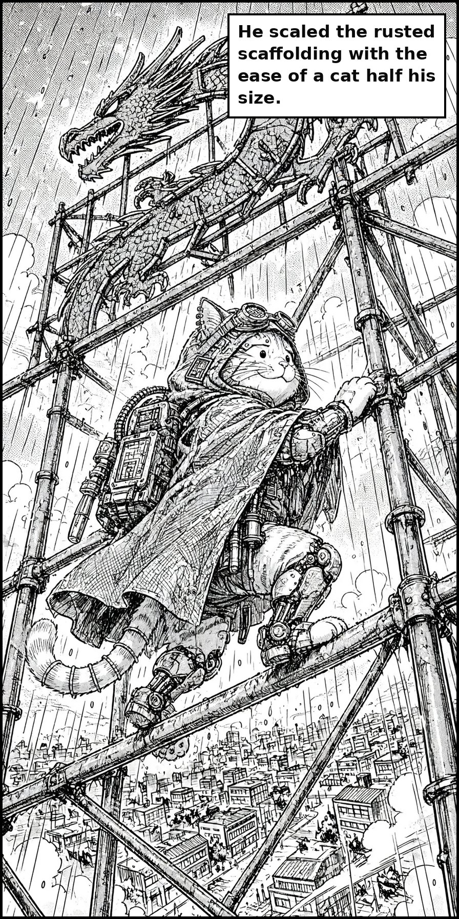 Manga panel 5 of Chapter 1: He scaled the rusted scaffolding with the ease of a cat half his size.