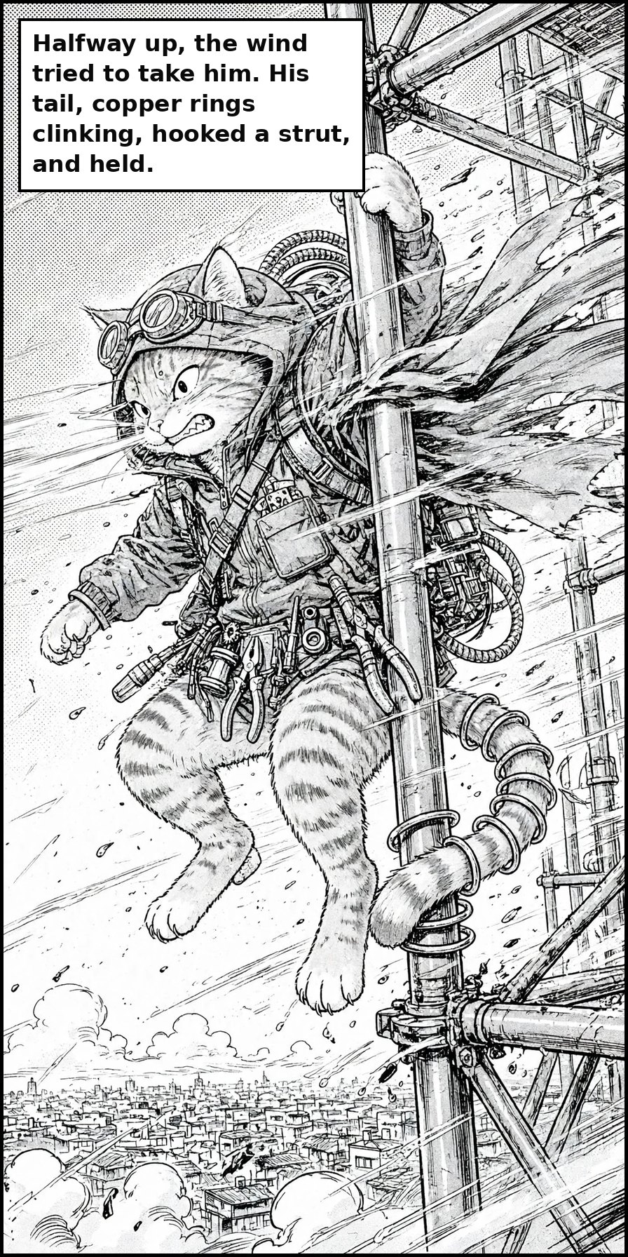 Manga panel 6 of Chapter 1: Halfway up, the wind tried to take him. His tail, copper rings clinking, hooked a strut, and held.