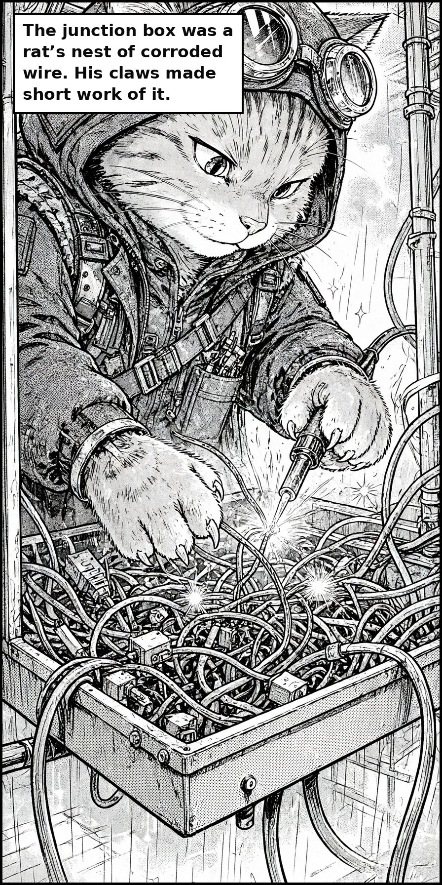Manga panel 7 of Chapter 1: The junction box was a rat’s nest of corroded wire. His claws made short work of it.