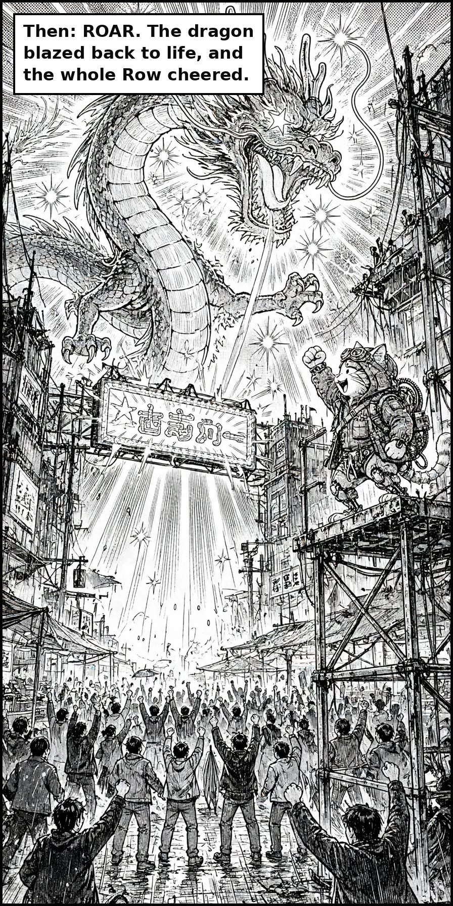 Manga panel 8 of Chapter 1: Then: ROAR. The dragon blazed back to life, emerald fire washing the wet street, and the whole Row cheered.