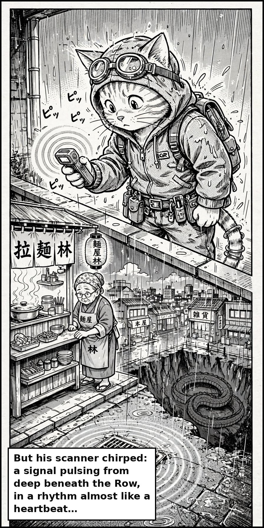 Manga panel 10 of Chapter 1: But as he shook the rain from his cloak, his scanner chirped: a signal pulsing from deep beneath the Row, in a rhythm almost like a heartbeat…